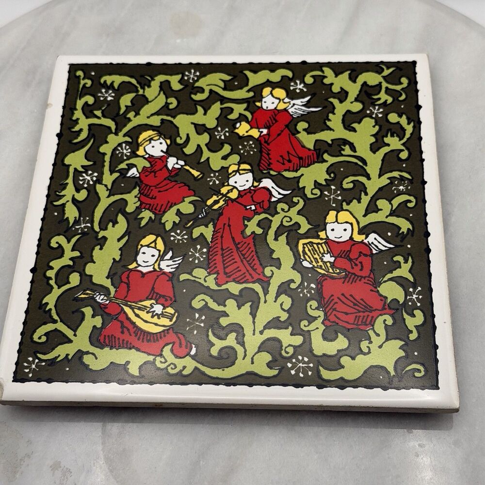 Holt Howard Christmas Angel Musicians Ceramic Tile Trivet Vintage Japan 6"
